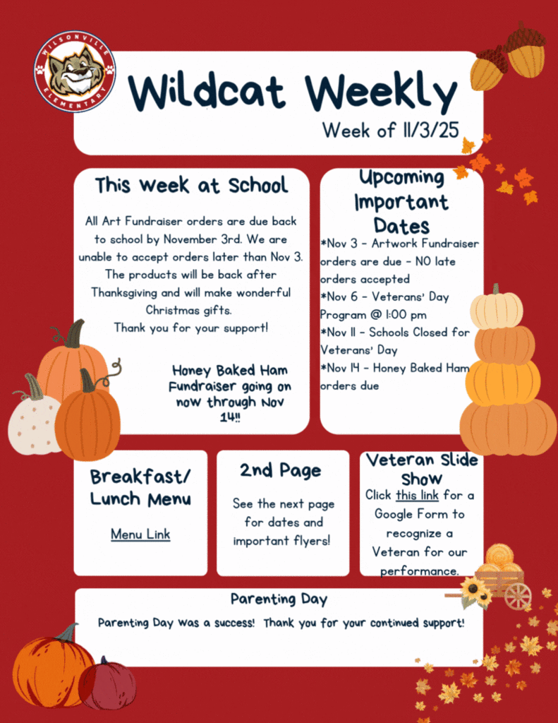 fall themed newsletter with important dates and information for Wilsonville Elementary School
