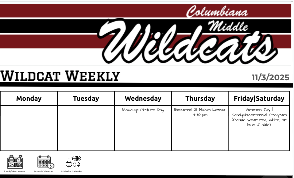 Image of the Columbiana Middle School News Letter (Wildcat Weekly) for the week of 11.3.2025
