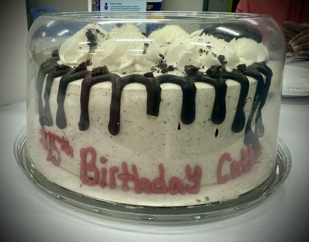 A cookies and cream birthday cake that reads "Happy Birthday" followed by the child's name in red letters. The cake has chocolate drips and white piping on top.