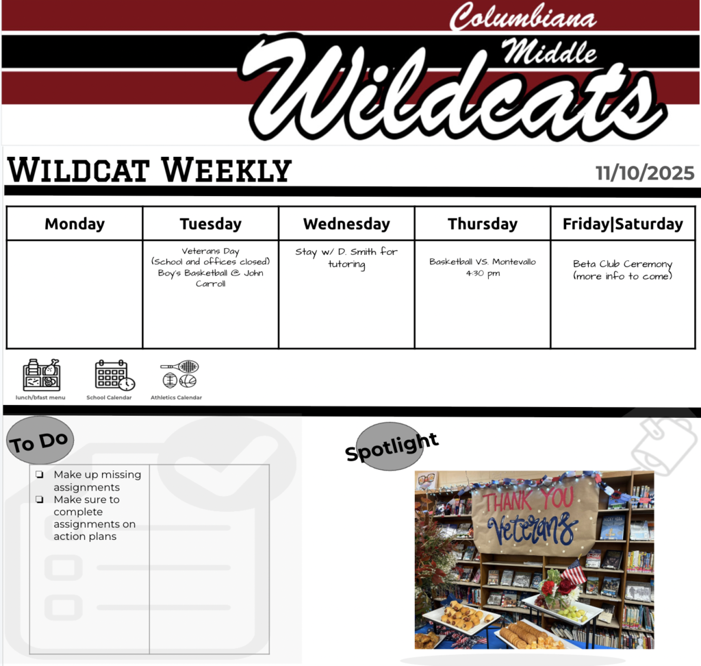 Screenshot of the Wildcat Weekly 11.10.2025 with an image of a "Thank You Veterans" photo with breakfast foods.