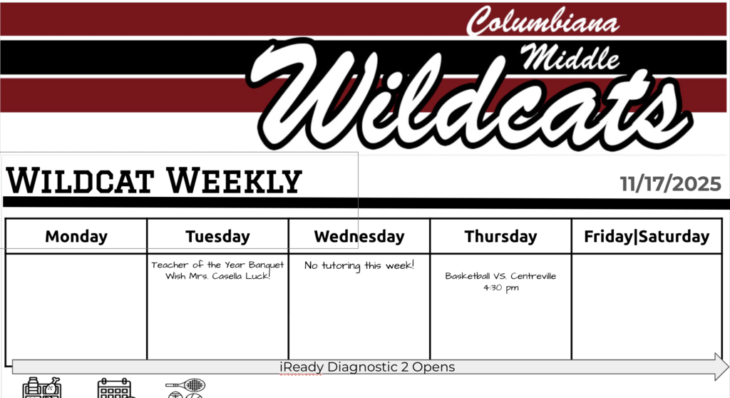 Screenshot of the Columbiana Middle School Newsletter: The Wildcat Weekly for 11.17.2025