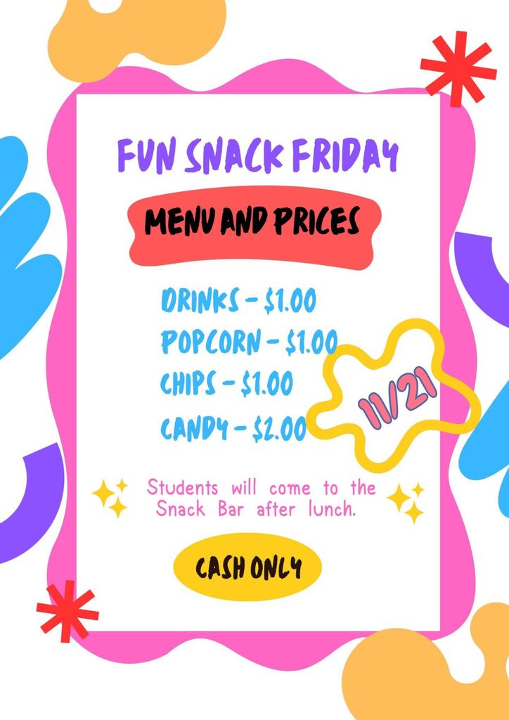 Fun Snack Friday Flyer with menu and prices