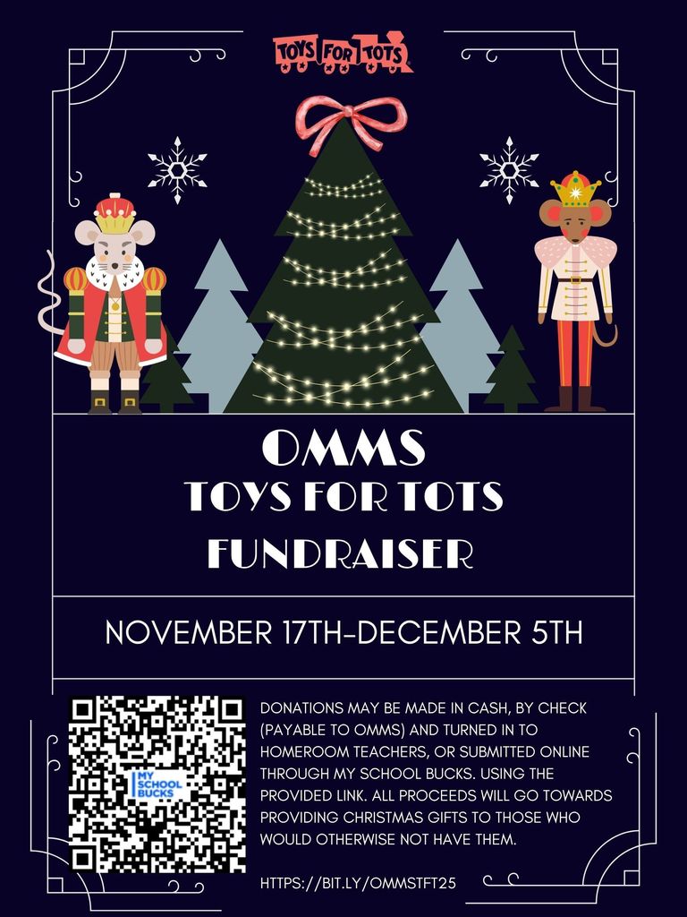 2025 Toys for Tots Poster with a QR code for donating. Decorations include a nutcracker, a christmas tree, and the TFT logo