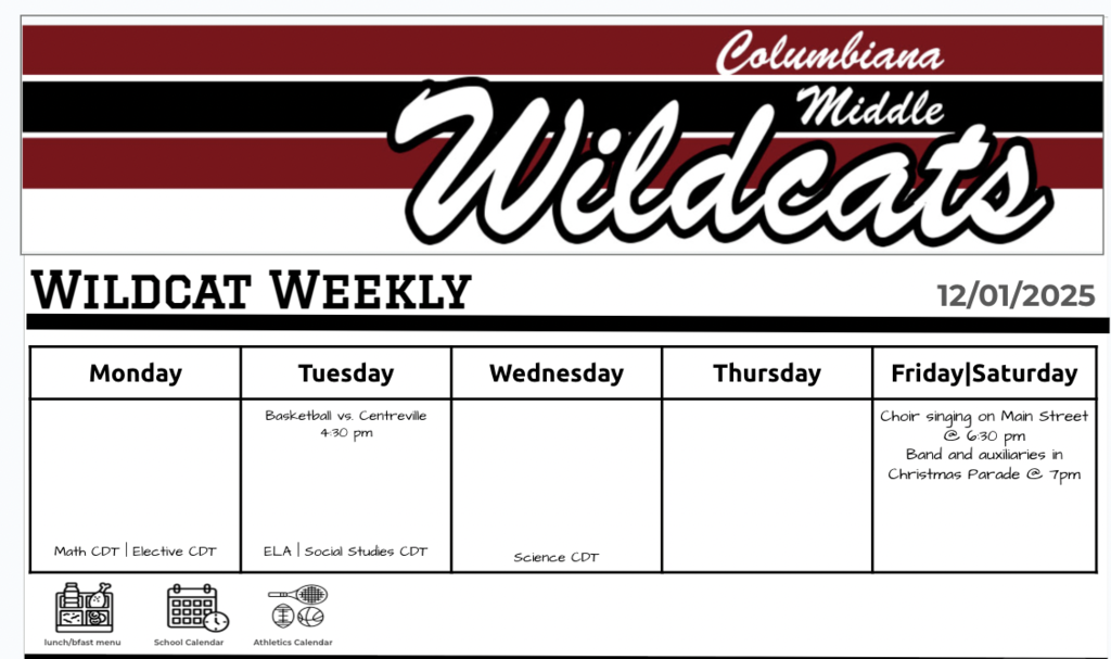 Screenshot of the Columbiana Middle School Newsletter: The Wildcat Weekly for 12.1.2025