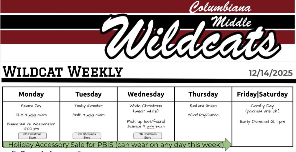 Screenshot of the Columbiana Middle School Newsletter, the Wildcat Weekly for 12.14.25