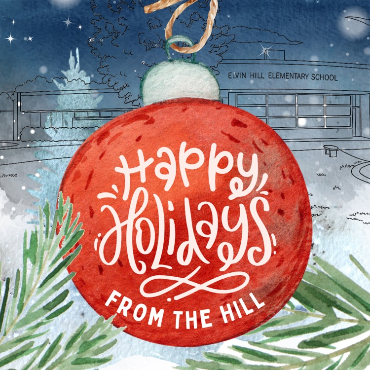 Holiday message on an ornament with the school silhouette in the background  