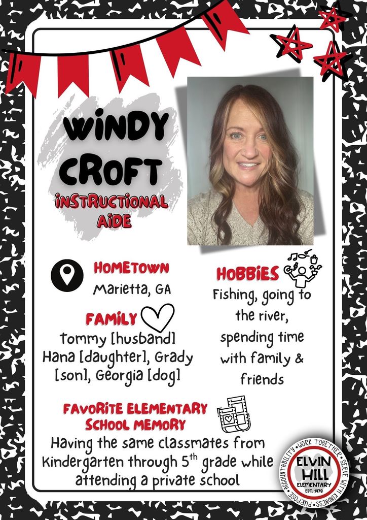 New Staff Announcement for Windy Croft, Instructional aide that includes a picture, hometown, family, hobbies, and favorite elementary school memory