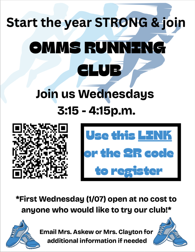OMMS RUNNING CLUB fler with blue sneakers in the bottom corners, and a graphic design of figures in various shades of blue running. A QR code is provided for regisratrion. 