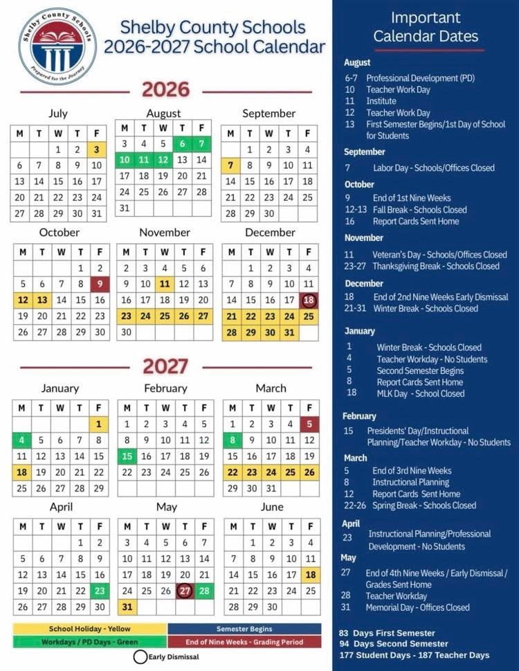 Shelby County Schools academic calendar for 2026-2027 school year 