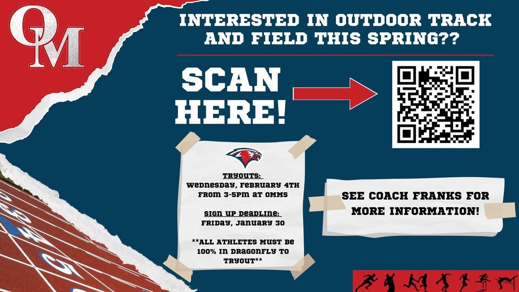 2026 Outdoor Track Flyer in red white and blue.  A photo of a track is in the bottom left. A QR code is in the upper right corner. 