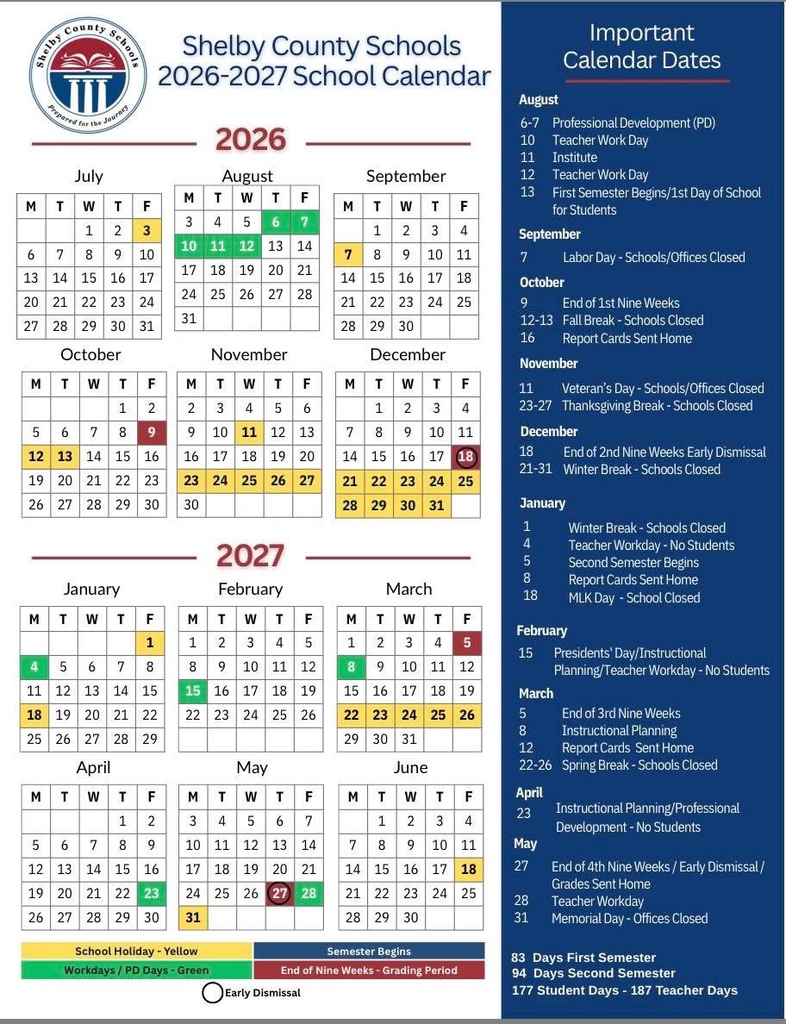 2026-2027 Shelby County Schools Calendar