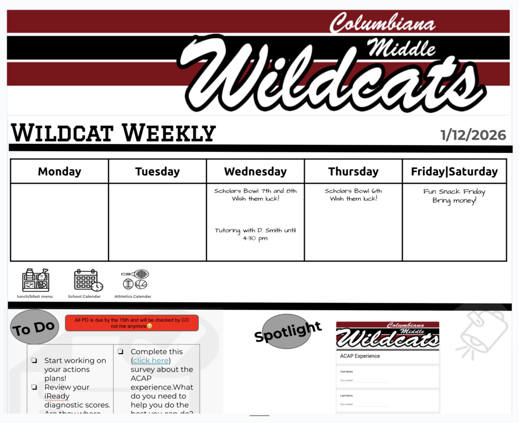 Screenshot of the Columbiana Middle School Newsletter for the week of 1.12.2026