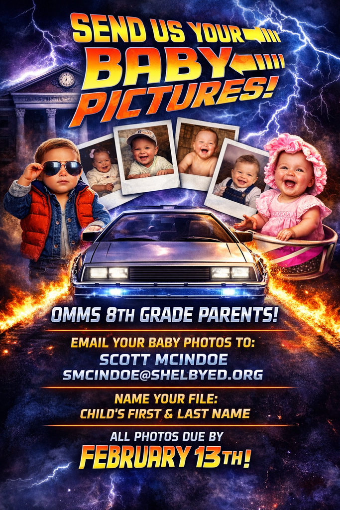 Back to the future 1980s theme flyer for baby photos in the yearbook. Behind the DeLorian are polaroid style photos of babies to advertise the request. 