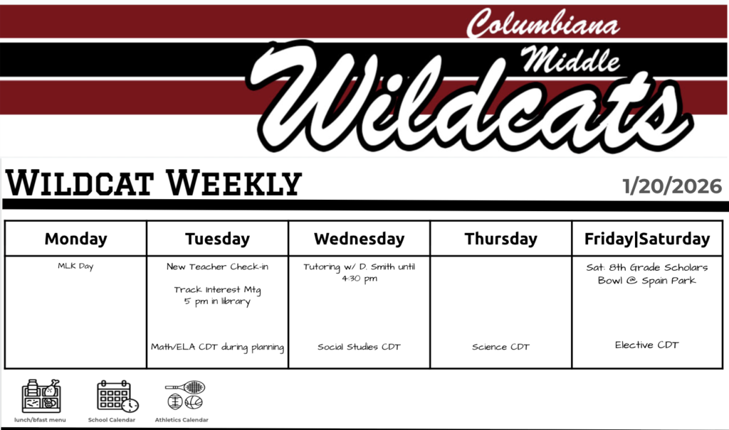 Screenshot of the Columbiana Middle School newsletter, the Wildcat Weekly for 1.20.26