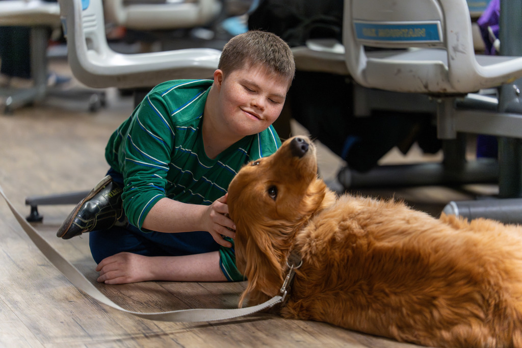 Student pets service dog.