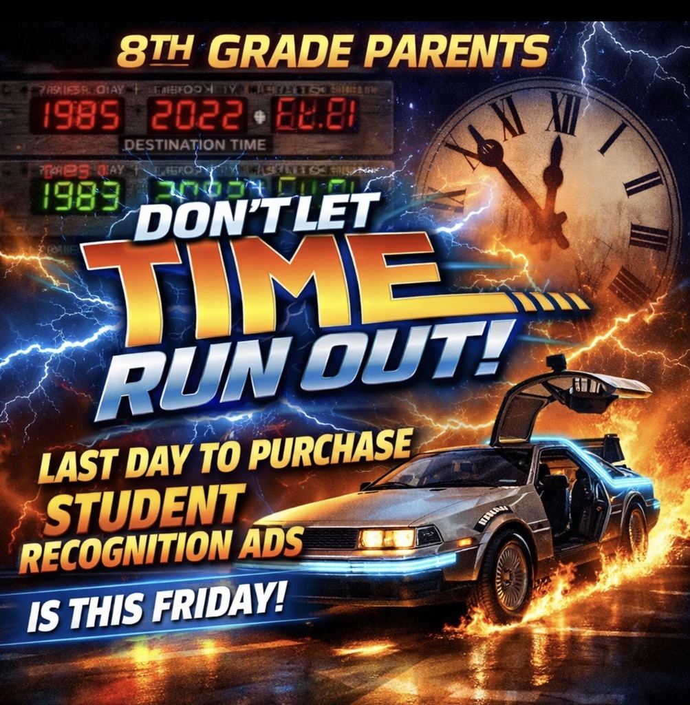 Back to the future 1980s theme flyer for baby photos in the yearbook. Behind the DeLorian are polaroid style photos of babies to advertise the request. 