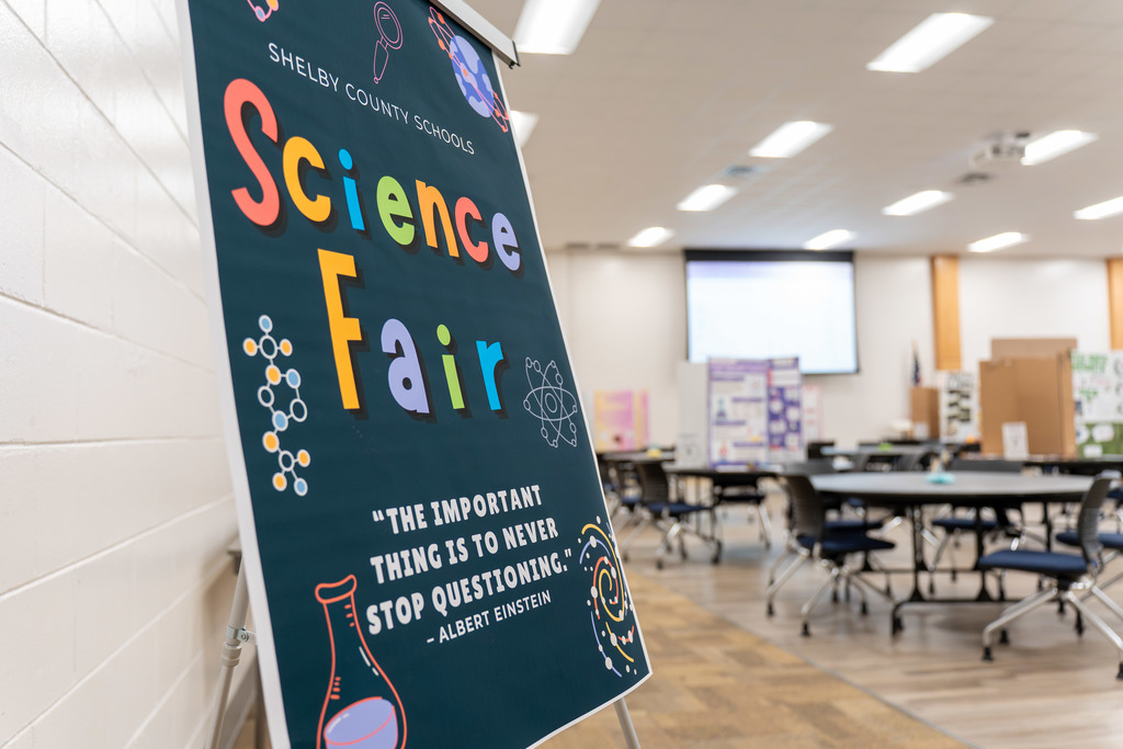 Science Fair sign at the Shelby Room entrance.