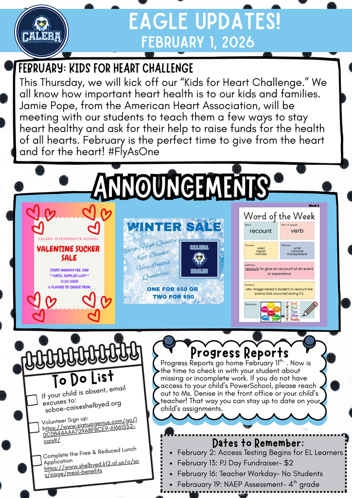Eagle Update Newsletter including: Kids for Heart Challenge, Progress Report Reminders, Dates to Remember, and a To Do List