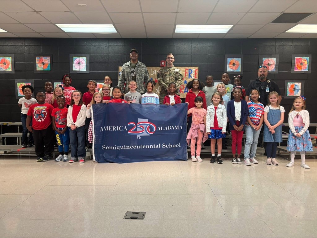 Calera Elementary students with Semiquincentennial School Flag 
