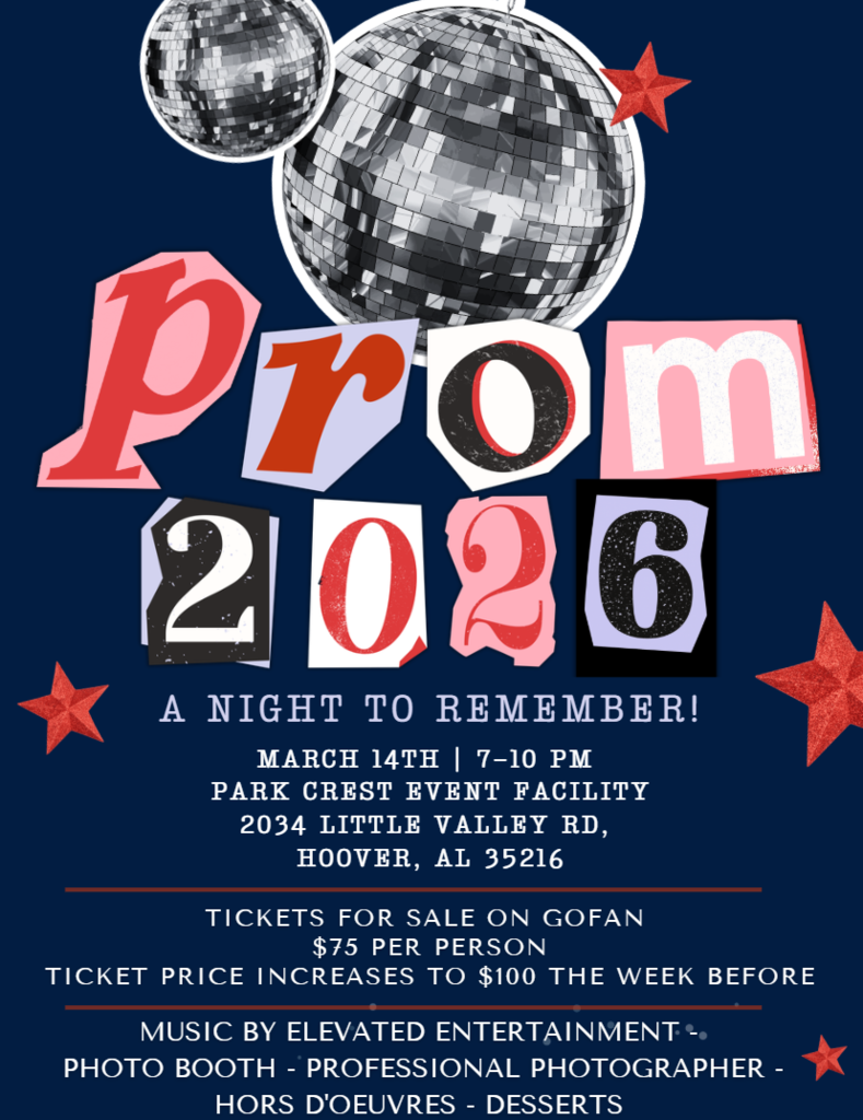 Prom 2026 is March 14th at Park Crest Event Facility. Tickets are $75 per person