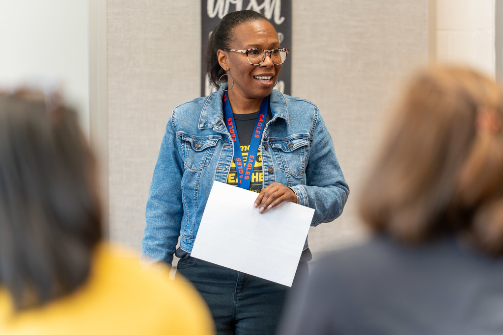 A teacher gives a presentation.