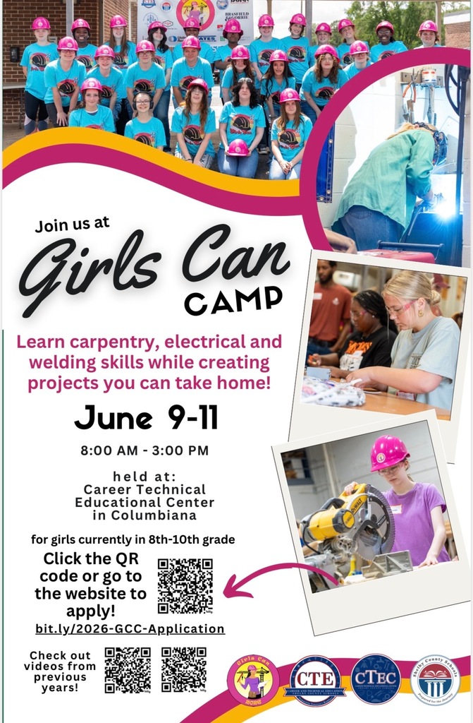 Join us at Girls Can Camp June 9-11 from eight o'clock a.m. to three o'clock p.m. at the Career Technical Educational Center in Columbiana. A QR code is provided for registration or web address bit.ly/2026-GCC-Application