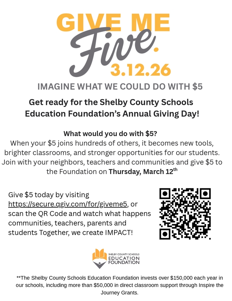 Flyer promoting Shelby County Schools's Day of Giving. Give $5 today by visiting https://secure.qgiv.com/for/giveme5