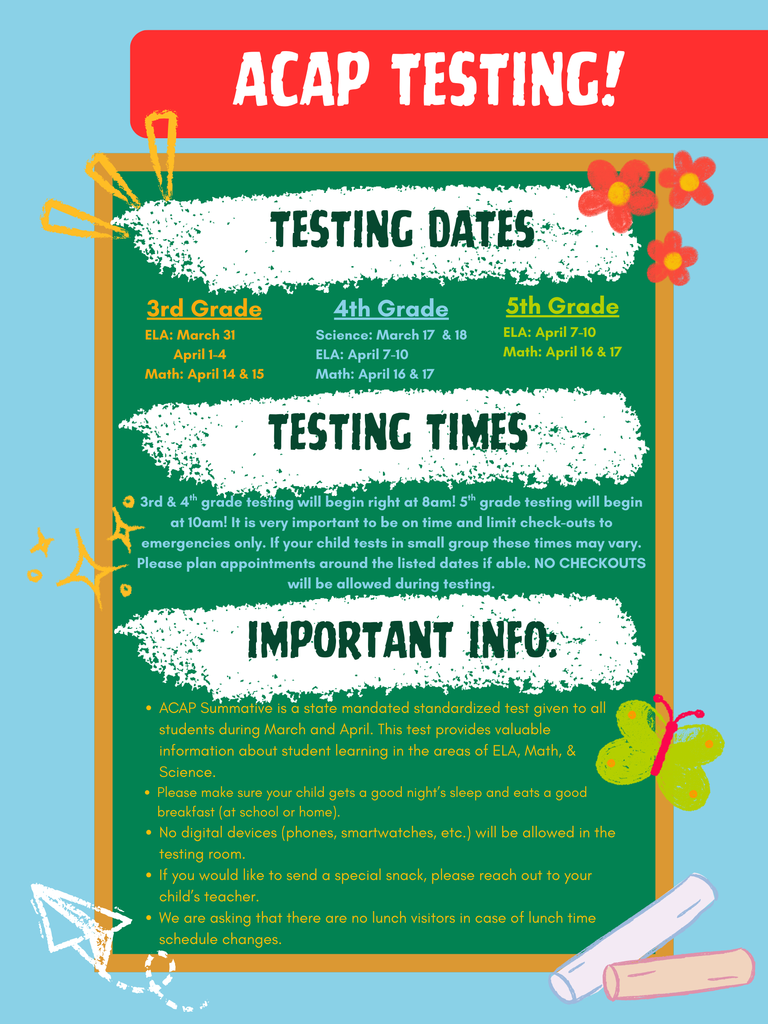 ACAP Testing-- Dates, Times, Info