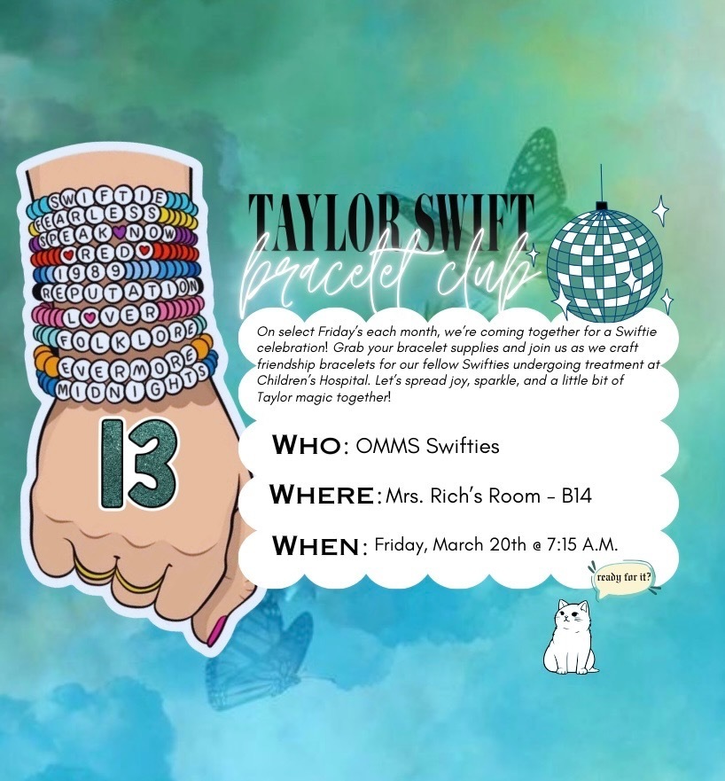 Swiftie Bracelet Club Poster  with bracelet-stacked hand and the number "13" with a white cat captioned saying "are you ready for it?"