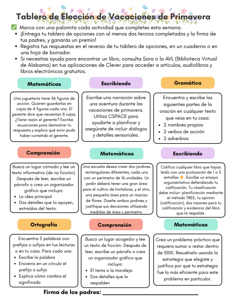 Spring Break Choice Board-- Spanish