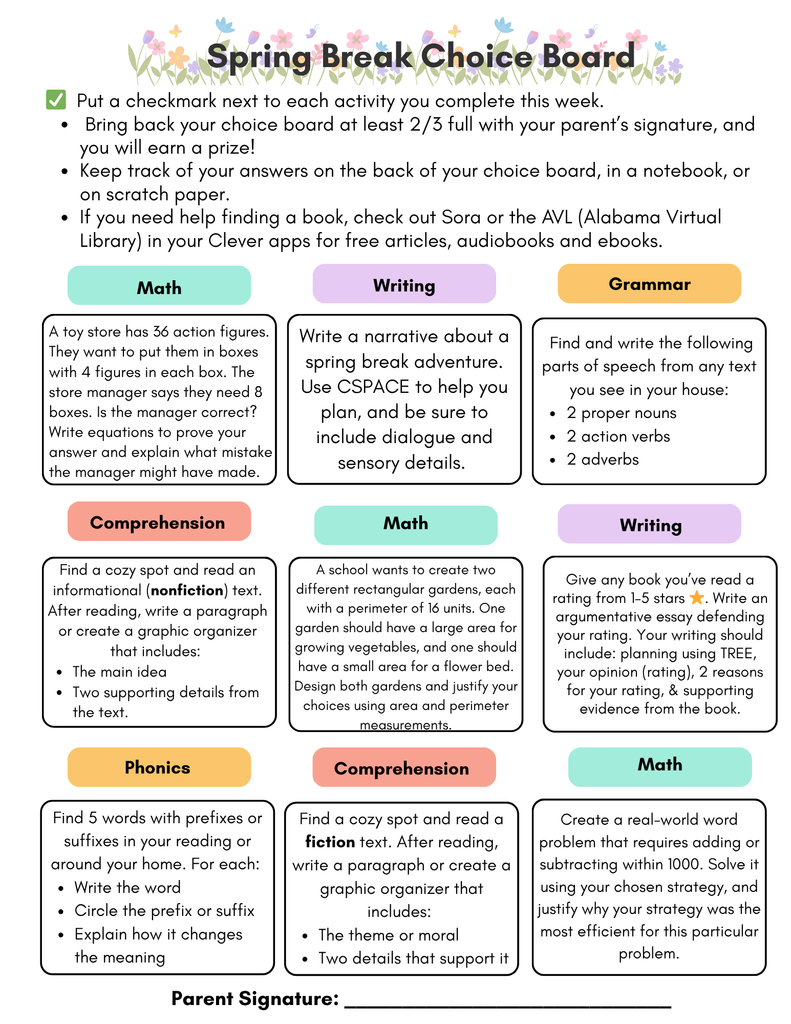 Spring Break Choice Board