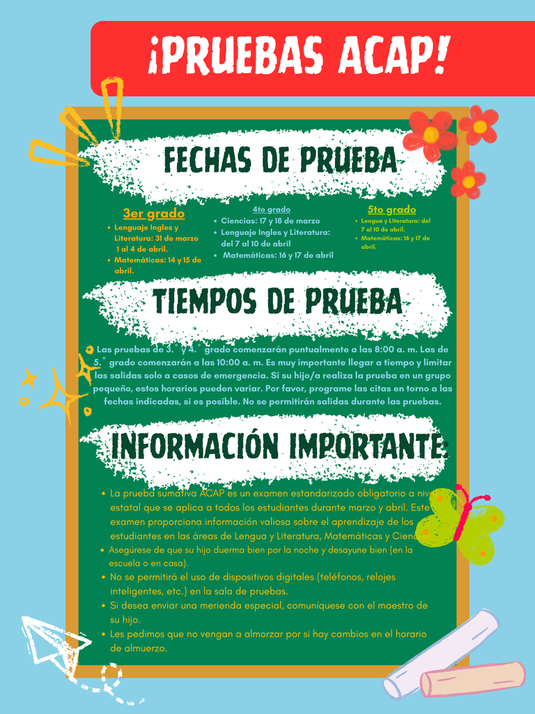 ACAP Testing (Spanish)- dates, information, and reminders