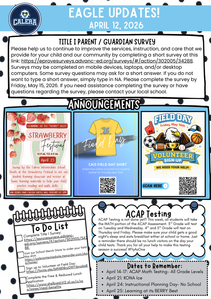 Eagle Update Family Newsletter with Survey, Field Day Information, and Testing Reminders