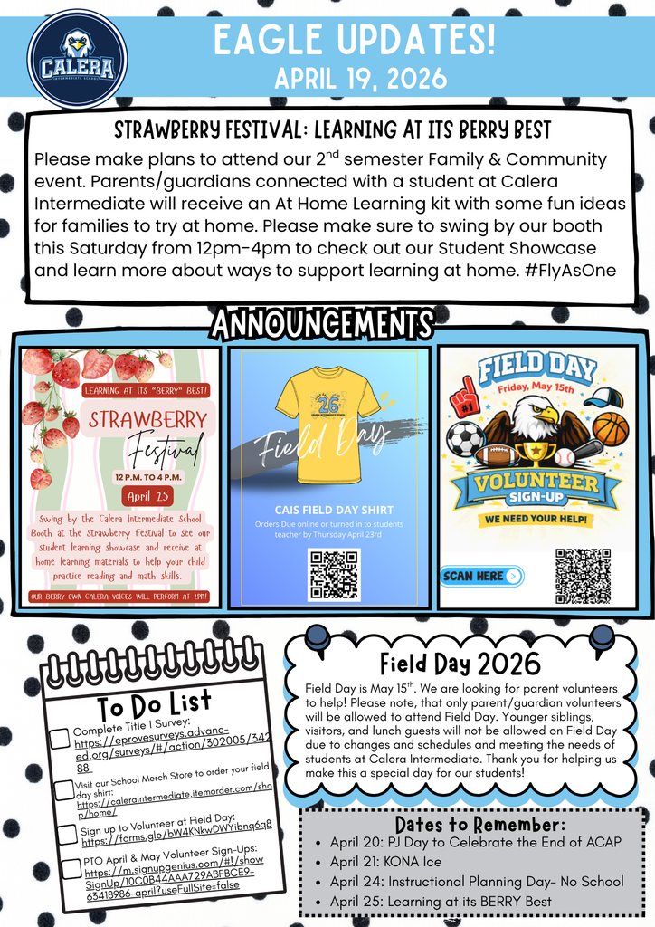Eagle Update with Strawberry Festival, Field Day, and Survey Information