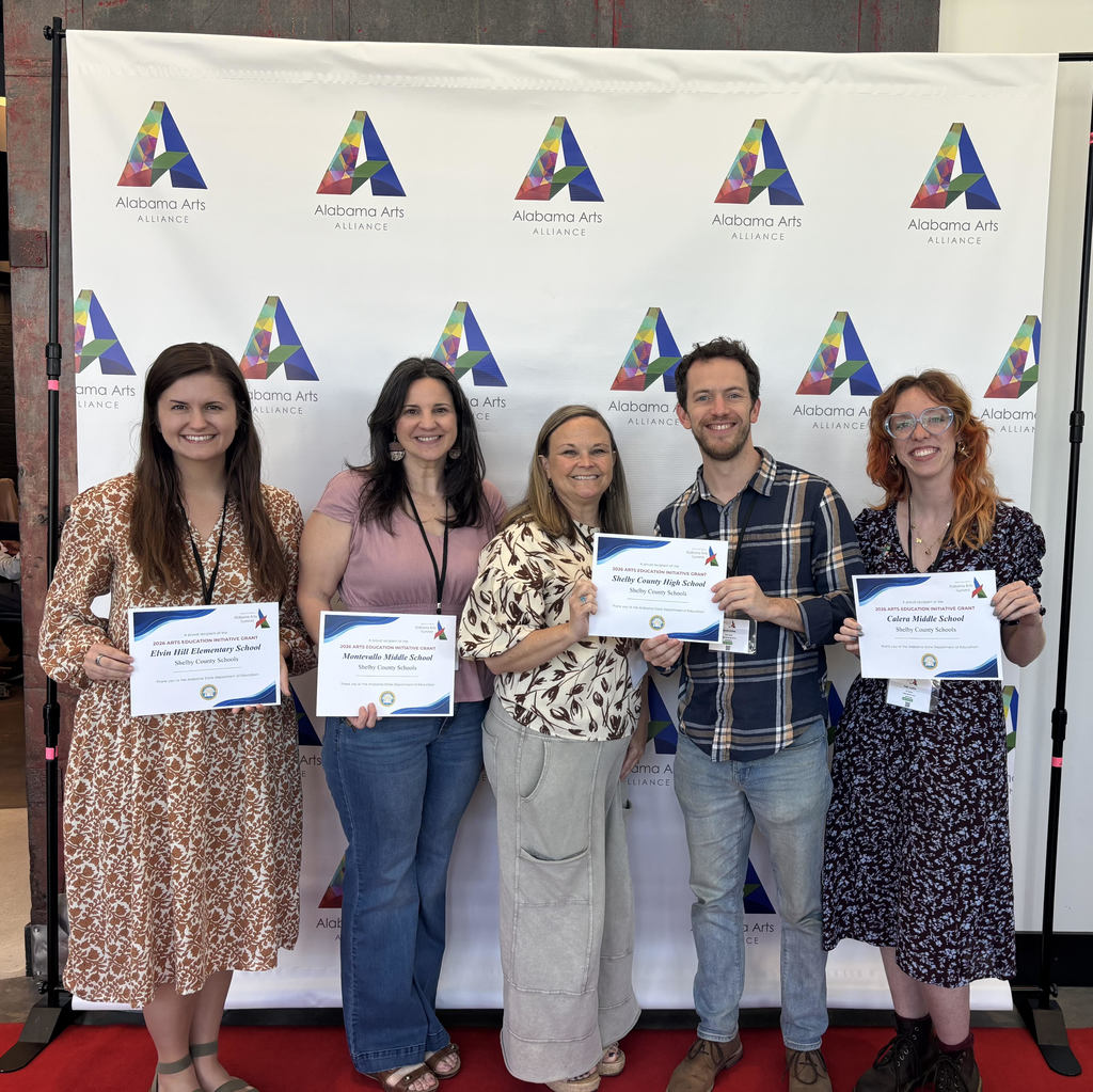 Recipients of the Alabama Arts of Education Grant.  Lilly Langford (Elvin Hill Elementary), Kymberlee Lewis (Montevallo High School), Marjorie Eubanks (SCHS), Garrett Lindsey (SCHS) and Katie Justice (CAMS) 