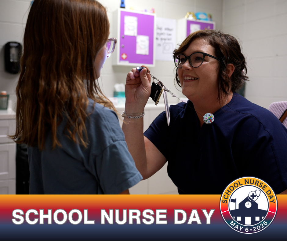 School Nurse Day May 6, 2026 photo graphic showing a nurse and a student 
