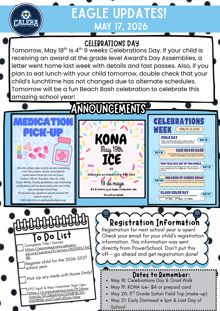 Eagle Update Newsletter with Med Pick Up, Kona Ice, and Registration Reminders