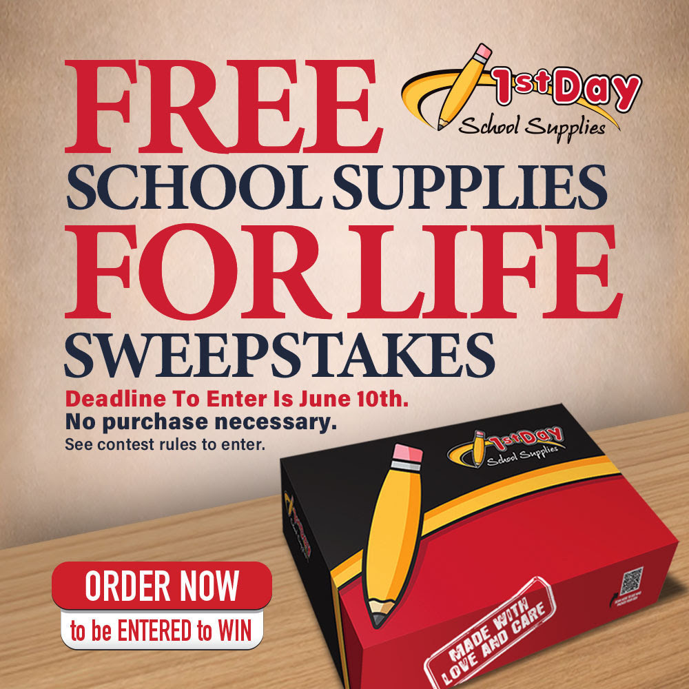 Free school supplies for life sweepstakes. Deadline to enter is 6/10/2026-no purchase necessary.  School supplies can be ordered online for next school year!