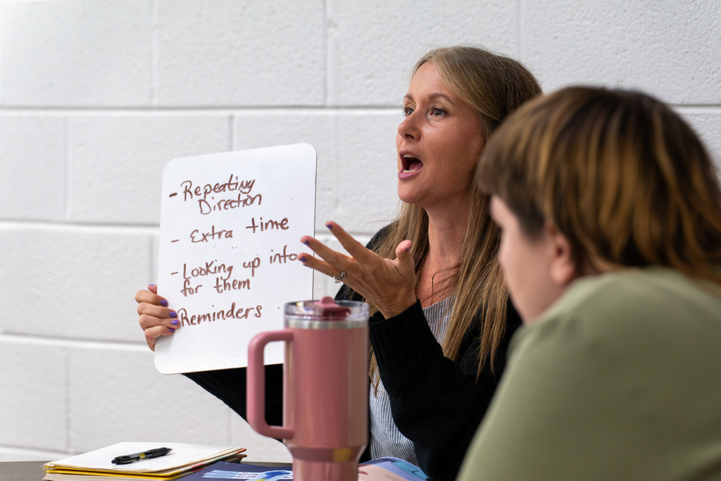 An educator explains instructional strategies using a whiteboard during a collaborative professional development session.