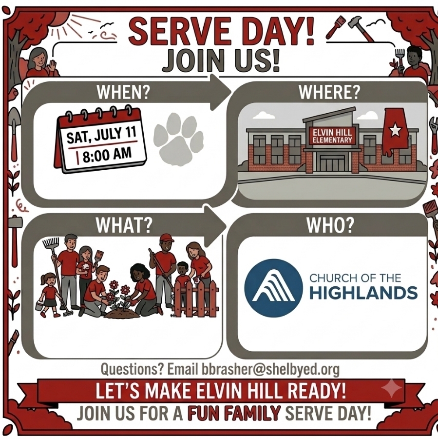 Come join us this Saturday, July 11th at 8:00 am to help get Elvin Hill ready for the upcoming school year. Special thanks to Church of the Highlands for hosting Serve Day at our precious school🐾

##ItsHappeningAtTheHill 