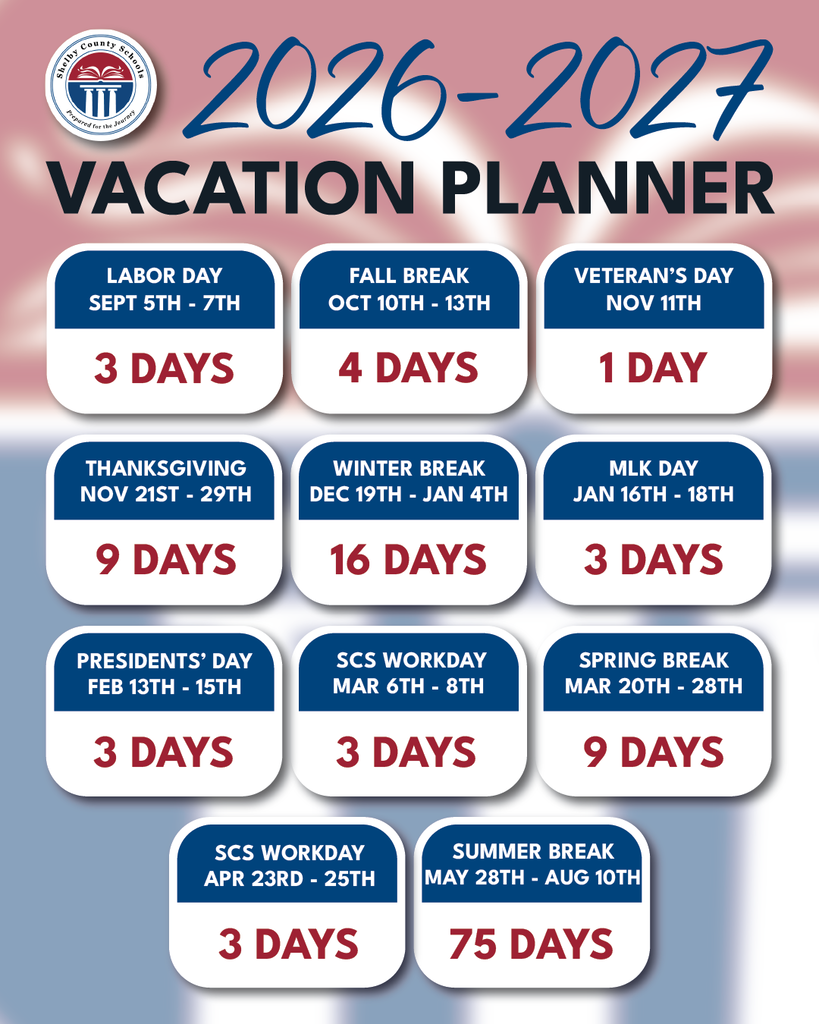 A calendar of dates students will have breaks throughout the 2026-2027 school year.