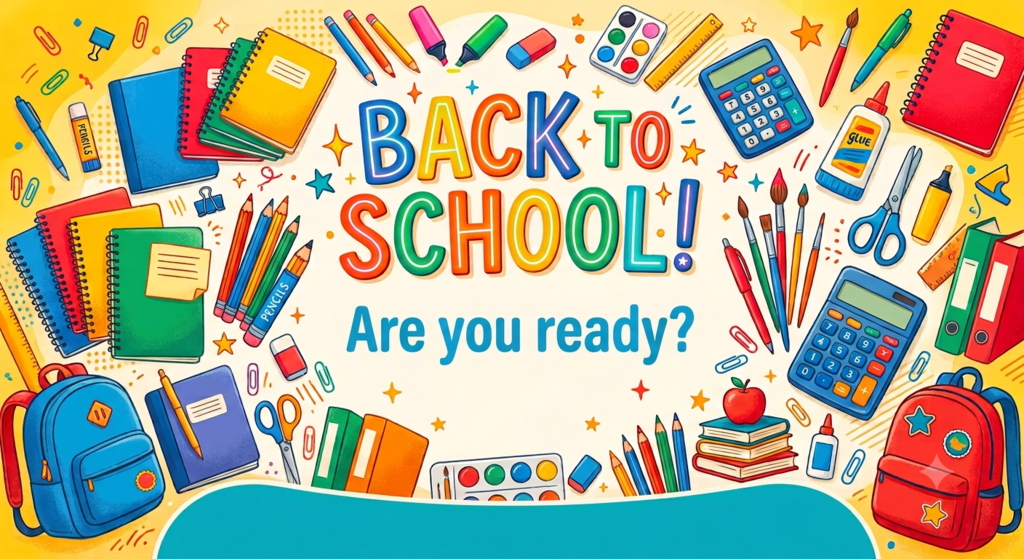 Image of school supplies that says Back to School Are you ready?