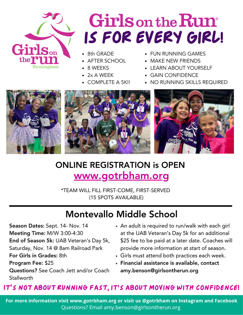 Graphic with Girls on the Run information. Go to www.gotrbham.org for details. 