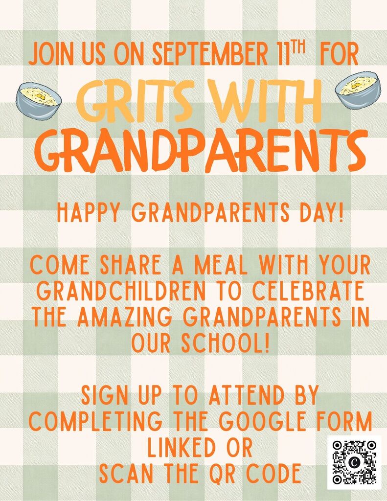 Grits with Grandparents flyer. September 11th at 7:15a.m. in the Library.