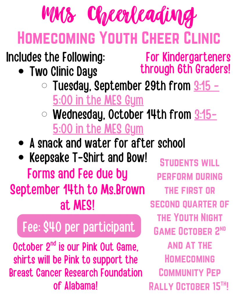 Graphic about Homecoming Youth Cheer - September 29th from 3:15 to 5:00. $40.00 per participant . Contact Mrs. Brown at MES for forms and details.