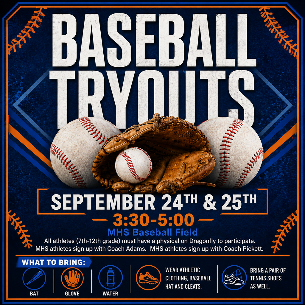 Baseball Tryouts graphic. 