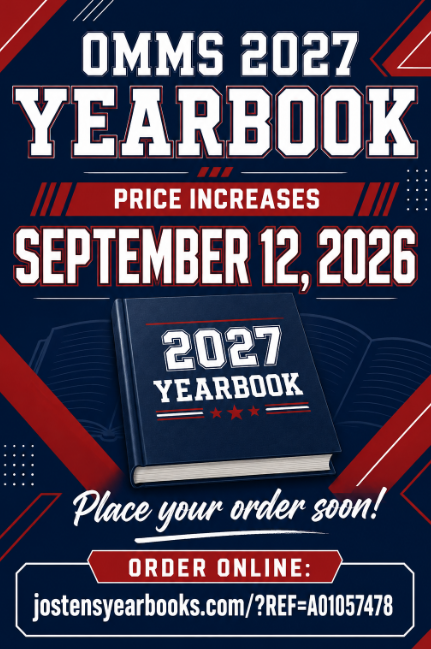 Flyer for OMMS Yearbook. Navy blue background with an illustration of a yearbook with "2027" on the cover. 