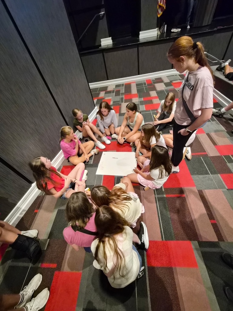Photo of the OMMS yearbook staff in a high school auditorium