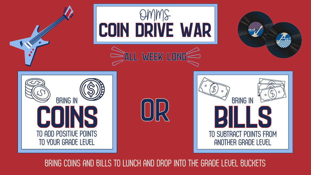 red/white/blue graphic with guitars and records in a music theme asking studens to bring in dollar bills and coins as a grade-level competition and fundraiser 