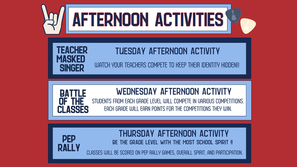 red/white/blue themed graphic detailing each day's pep rally activities with a fist of rock and guitar pics 
